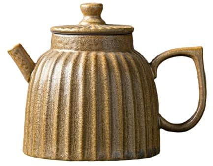 Chinese-style rust glazed vertical pattern teapot, retro ceramic large capacity filter pot - kiln change rock yellow