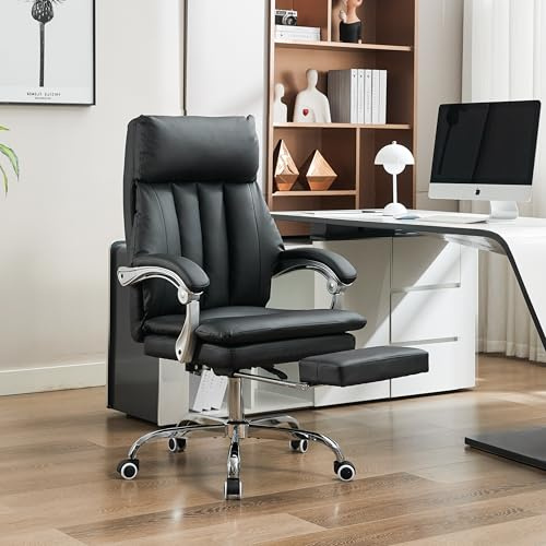 UEV Sedia da Ergonomico Morbida con Poggiapiedi, Sedia in Pelle PU Combina Comfort e Funzionalità, Poltrona Reclinabile con Cuscino Spesso, 63 x 61,5 x (115-124) cm, Nero