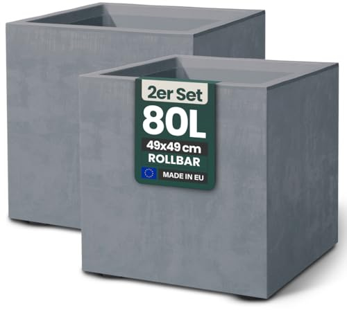 Kreher 2 x XL Pflanzkübel 'Millennium' in verschiedenen Formaten/Farben. Tolle Naturstein Optik in Anthrazit, Grau, Creme Weiß oder Braun! Aus robustem Kunststoff. (Grau, 2 x 80 Liter Eckig)