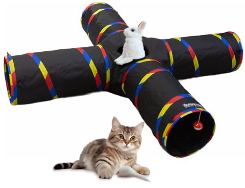 SweetBin Cat Tunnels - 4 Way Cat Tunnel for Indoor Cats Play & Exploration (with Mouse Toy) - Collapsible Pop Up Tubes for Ferrets, Rabbits, and Small Dogs Fun