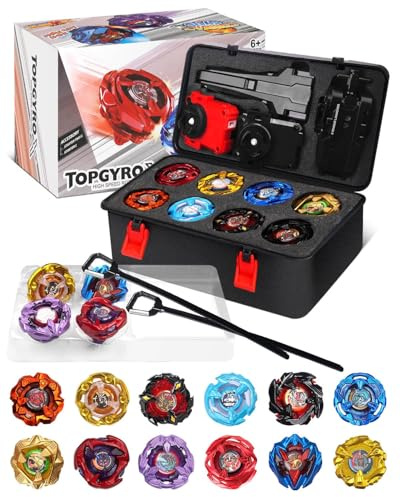 X set da battaglia per trottole a scatola, Set da Battle Spinner, 12 trottole a scoppio 3 lanciatori 1 manico, giocattoli per bambini, regalo di compleanno ideale per bambini dai 6 anni (X4-12PCS)