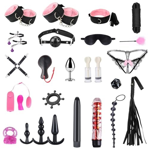 Oziral Bondage Set 26-piece BDSM Bed Restraint Set and Passion Beginner, Including Anal Plug, Handcuffs, Vibrator, Bouncy Eggs, etc., Suitable for Couple Pink