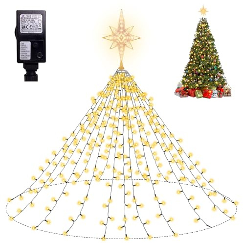 Weihnachtsbaum Lichterkette 472 LED mit Sternspitze, 3M x 17 Stränge 8 Leuchtmodi mit Memory-Funktion, Warmweiß, IP44 wasserdicht Weihnachtsbeleuchtung außen & innen, Weihnachtsdeko außen Weihnachten