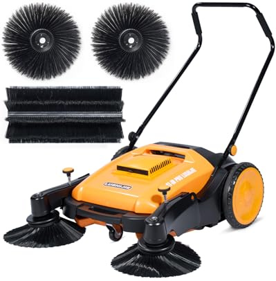 LUSHIJIE Walk-Behind Hand Push Industrial Floor Sweeper 41 Non-Electric - Thick Material｜Solid Wear-Resistant Wheels｜55L Bin｜for Factory/Warehouse/Parking Lot & Walkways (Commercial Grade) (Yellow)