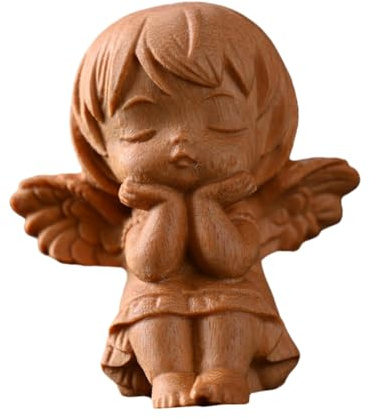Lurrose Figurine Ange Sculptée Bois Miniature avec Ailes Décoration Religieuse Polyvalente pour Maison Bureau et Jardin Cadeau Symbolique de Protection et Chaleur