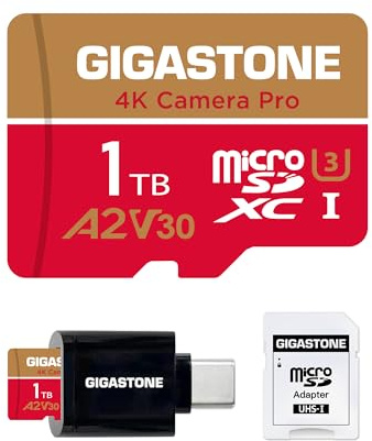 [5 års gratis dataåterställning] Gigastone 1 TB Micro SD-kort, 4K-kamera Pro, R/W upp till 150/130 MB/s, för GoPro, DJI, drönare, 4K UHD-videoinspelning, MicroSDXC UHS-I U3 A2 V30, med adapter och