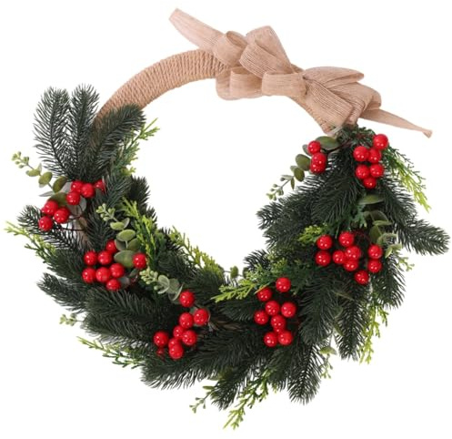 Christmas Wreath 43cm for Front Door – Artificial Green Fern Foliage with Red Berries and Hessian Bow – Rustic Xmas Door Wreath Decoration for Home Indoor Outdoor Wall Hanging Festive Décor