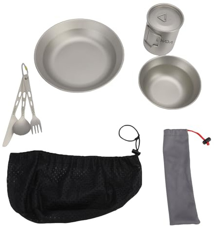 LIXADA Ensemble de Couverts de Camping, 10 Pièces, Assiette en Titane, Bol, Tasse, Fourchette, Cuillère pour Voyage Pique-nique Randonnée, avec Sac en Filet et Pochette à Ustensiles