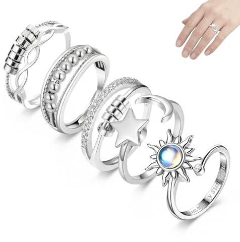Zyrtkeriom Lot De 5 Bagues Femme, Anneaux Ouverts Réglables Rotatifs Spinner, Empilables Avec Perles Zircon Étoile, Bijoux Cadeau Saint-Valentin Pour Hommes, Filles Et Enfants