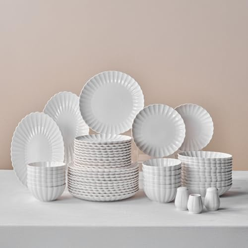 Karaca Stream 53-Piece Dinner Set for 12, White, Bone China, Umbrella Pattern, Dishwasher Safe