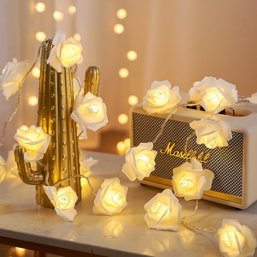 JZK 2m 6.6ft 20 LED Rose Flower String Light Battery Operated Fairy Light for Wedding, Party, Valentine's Day, Proposal, Christmas Decoration, Warm White