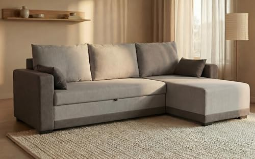 BUDWING Leah Divano Letto Angolare 4 Posti – Chaise Longue Reversibile e 2 Cuscini Decorativi – Rivestito in Poliestere – Stile Moderno – 233x124x69 cm – Grigio Bicolore