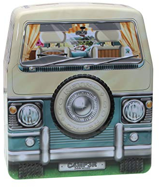 POWERHAUS24 Urlaubs-Camper in Retro-Stil, Blechdose, Flache Keksdose, Aufbewahrung, ca. 20 cm x 17,5 cm x 6,5 cm, Backrezept