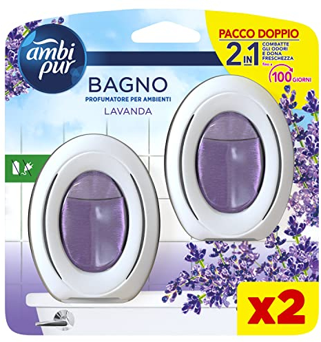Ambi Pur Bagno Profumatore per Ambienti ad Azione Continua, 2 pezzi, Fragranza Lavanda, Eliminazione e Prevenzione degli Odori, fino a 50 giorni di Profumo