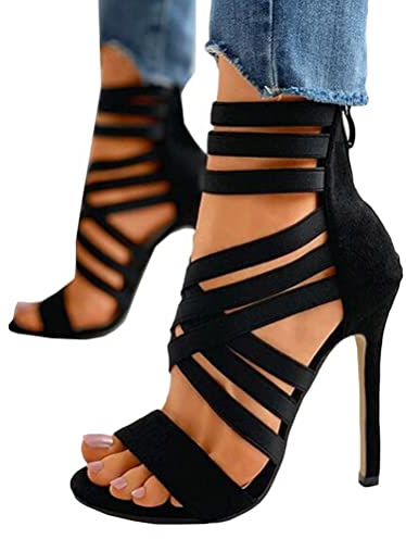 Onsoyours Sexy High Heels für Damen Neue Sommersandalen mit Fischmaul Gefrostete Stiletto-Sandalen mit Offenem Zeh und Reißverschluss Schwarz 43 EU