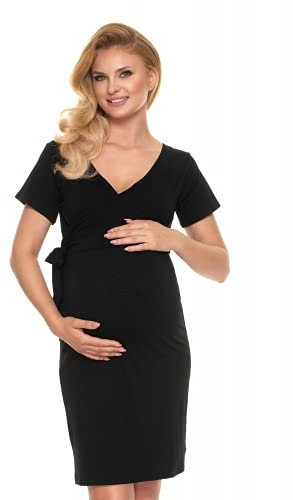 Selente Mummy Love festlig mammaklänning (tillverkad i EU) graviditetsklänning med amningsfunktion, spets eller broderier, Skötutseende kort ärm svart, S/M