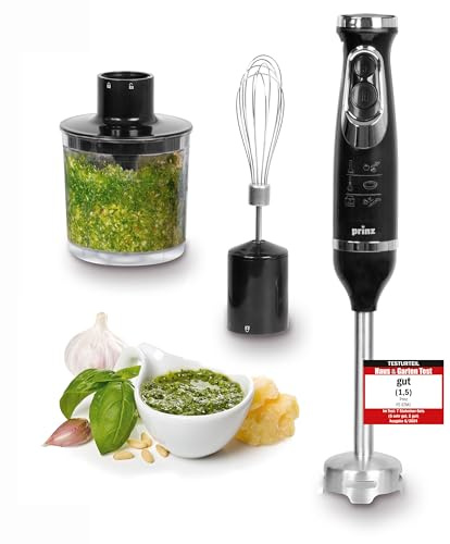 Prinz Stabmixer-Set PZ-STM1 – Testsiegel Haus & Garten Test gut (1,5) 6/2024 – 600 W, stufenlos + Turbo, Edelstahlmesser (2-flügelig), 500 ml Becher & Schneebesen