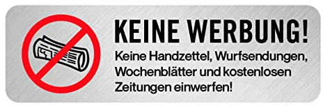 Aufkleber Hinweis Bitte keine Werbung.. Briefkasten Schild Folie selbstklebend Metallic-Look | Variante wählbar Made in Germany, Größe: Zeitung | 14x4 cm
