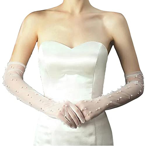Acenail Pearl Women’s Wedding Gloves Long Tulle White Finger Lace 20s Opera Evening Party Sheer Gloves for Brides