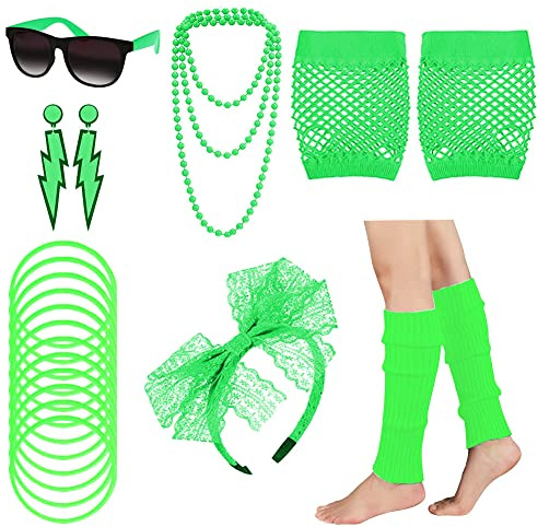 80er Jahre Outfit Damen 80er Jahre Accessoires, 80er 90er Jahre KostüM Damen Party Neon Accessoires Spitzenstoff Stirnband Ohrringe Brille 80er Netzhandschuhe ArmbäNder Halsketten Beinlinge