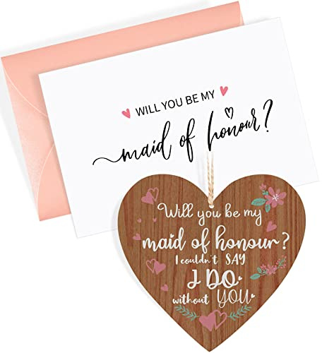 Nezyo Maid of Honour Bridesmaid Proposal Card Wooden Heart Plaque Wedding | Will You Be My Bridesmaid, Rustic Wood Heart Keepsake with Envelope, Invitation Gift Set, for Wedding Party Bridal Shower
