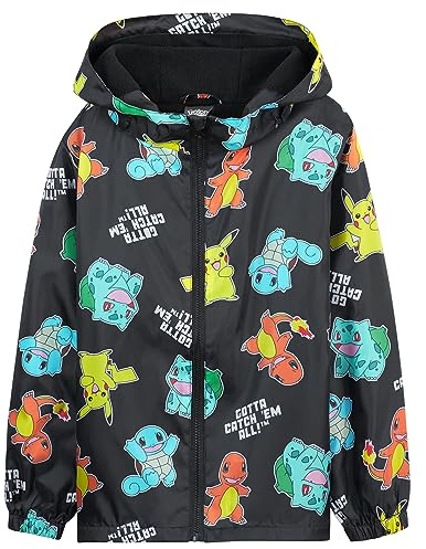 Pokemon Regenjacke Kinder Wasserdicht - 100% Polyester Kinder Regenjacke Jungen - Bequeme Regenjacke Mädchen und Jungen (Schwarz AOP, 5-6 Jahre)