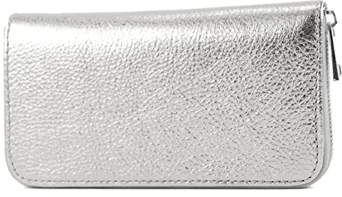 modamoda de SILBER-P02 Damen Leder Geldbörse Portemonnaie lang Handmade in Italy, Farbe:Silber-Metallic