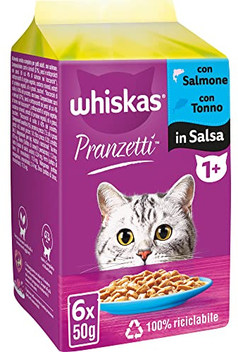 Whiskas Pranzetti Selezione di Pesce 1+ Adulto, Cibo Umido per Gatto, 12 Confezioni ognuna da 6 bustine x 50g (72 Pezzi in Totale)