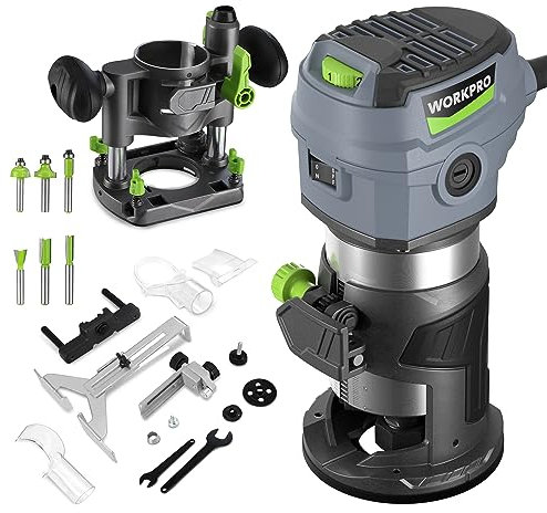 WORKPRO Compact Router Combo Kit, 6.5 Amp Compact Router Fixed Base & Plunge Router for Woodworking Slotting Trimming, 6 Variable Speeds to 32000 RPM
