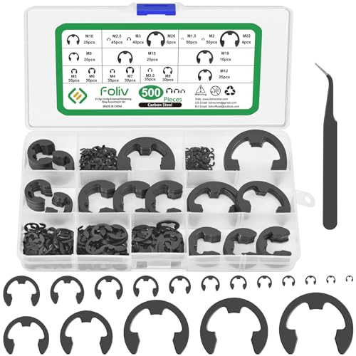 Foliv 500tlg Sprengring Sortiment Sicherungsring Set 13 Größe Kohlenstoffstahl E-Clip Externe Haltering Externes C-Clips Geteilte Schnallen Unterlegscheiben, M1.5-M22 mit Kunststoffbox