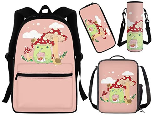 HUIACONG Rucksack für Kinder und Erwachsene, mit Lunch-Tasche, Federtasche, Wasserflaschentasche, Frosch Schnecke Pilz, One size