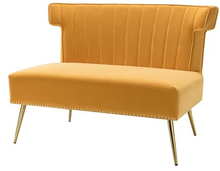 HULALA HOME Sofa 2 Sitzer Lounge Sofa Klein für Jugendzimmer Wohnzimmer Couch aus Samt ohne Armlehnen mit goldenen Metallbeinen für kleine Räume, 117B x 71T x 84H cm, Gelb