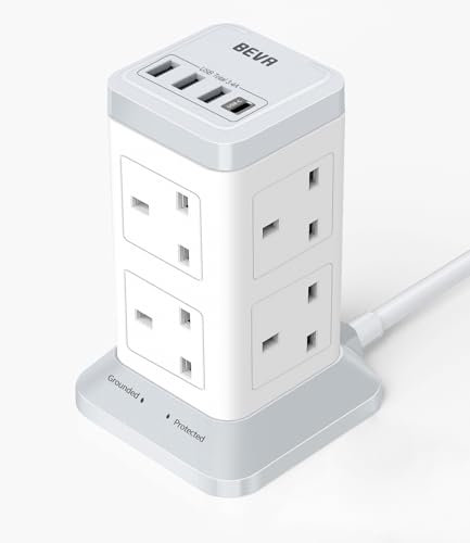 Tower Extension Lead with USB Slots, BEVA 8 Way Extension Socket with 3 USB-A and 1 USB-C Ports, 2100J Surge Protected Extension Plug Tower with Switch 2M Cable(13A 3250W) for Home, Office
