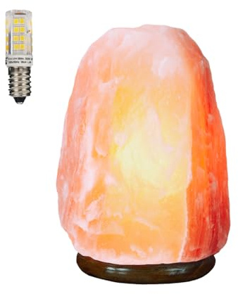 Etrexonline Lámpara de Sal del Himalaya Auténtica 100% Natural y Hecha a Mano, con Base de Madera, Incluye una Bombilla LED y una Tradicional - Perfecta para Hogares y Oficinas (5-7 KG)