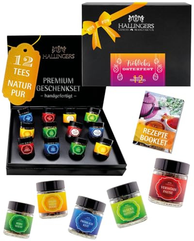 Hallingers Genuss Manufaktur Tee Oster-Geschenk-Set - 12 Sorten premium loser Tee Probierset in edler Geschenkbox mit Rezept-Booklet Fröhliches Oste..., Ostern Körbchen für Frauen Männer