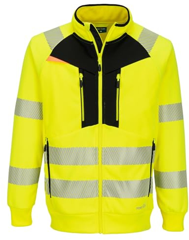 Portwest DX477 DX4 Hi Vis Funnel Neck Zipped Sweatshirt Work Safety Outerwear Bonded Polyester Fleece Segmented Reflective Tape Secure Pockets Adjustable Hood Ergonomic Fit Certified