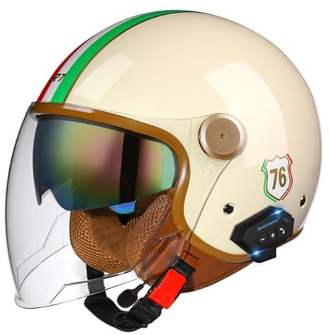Bluetooth Moto 3/4 Casco Auricolare E Microfono Integrati Con Doppia Visiera Certificazione ECE Casco Jet Jet Per Adulti Uomini Donne - Mezze Caschi Moto Stile Vintage(Color:1,Size:XL(61~62CM))