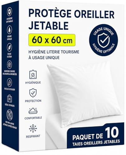 Protector de almohada de 60 x 60 cm – Paquete de 10 fundas de almohada desechables – Funda de protección cojín de uso único – Higiene Ropa de cama turismo (Campings - Hoteles - Casas …)