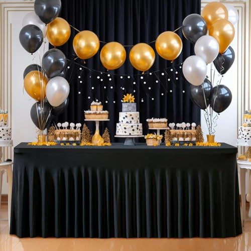 1-Pack Schwarz Spandex Elastisch Tischdecke mit Rock, Faltenfreie Fitted 1.8m Rechteck Tische Black Stretch Tischdecken für Parteien Hochzeiten Geburtstag Bankett Baby Dusche
