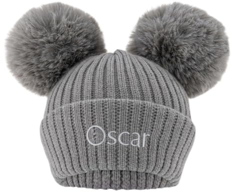 Lobeko Personalised Baby Hat with Double Faux Fur Poms Custom Knitted Winter Hat for Boys & Baby Girls 0–12 Months Soft Warm Beanie 7 Colours Newborn Infant Name on Hat Grey