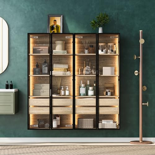 Merax 2 pcs Glasvitrine mit LED-Beleuchtung, Vitrinenschrank Stehend, Hochschrank für Wohnzimmer Hängend, mit 3-stufigen Einlegeböden & 2 Stauraum Schubladen, Natur, 74x36x155cm
