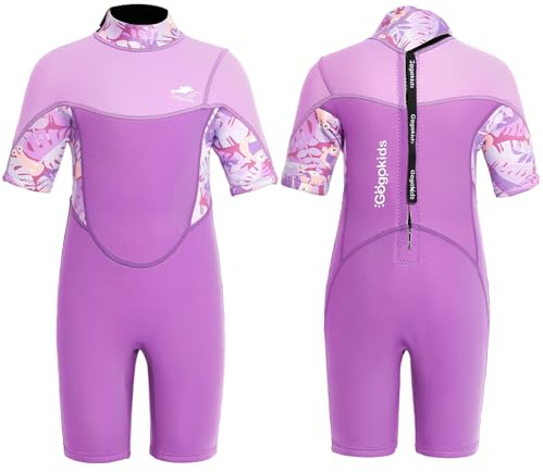 Gogokids Shorty Neoprenanzug Kinder, 2,5mm Neoprenanzüge Rückenreißverschluss Kleinkinder Kurze Nassanzüge Komfort & Wärme, UV Neopren für Schwimmen, Schnorcheln und Surfen, Alter 6-7 Mädchen, Violett