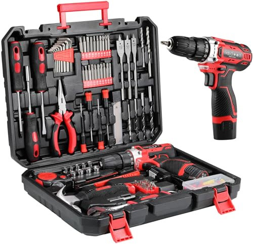 TLGREEN Cassetta Attrezzi con Trapano Avvitatore Batteria 12V，Valigia Utensili Portatile Completa 138 pezzi Set di attrezzi, Set Completo di Punte Trapano a Percussione Per Casa Progetto, Fai da te