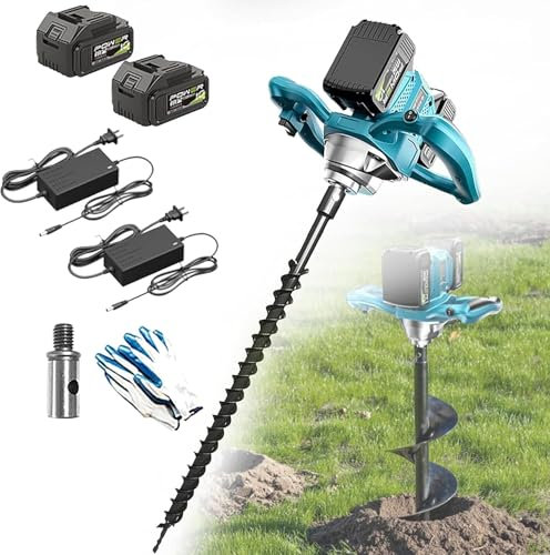 1200W Electric Post Hole Digger, Cordless Auger with 2 Batteries, 6 Gears, Forward & Reverse, Ideal for Garden Planting, 60MM & 40MM Bits, Efficient Earth Drilling Tool