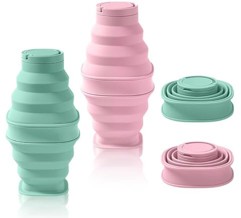 yotutun 2 Botella de agua plegable de silicona de 600 ml, Botella de agua portátil plegable, Botella deportiva de silicona a prueba de fugas para deportes al aire libre (Rosa + Verde)