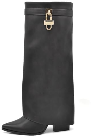 IF FASHION Stivali Alti A Punta Gambale A Ghetta Con Tacco Zip Cerniera Luchetto Da Donna A9532 Nero N.37