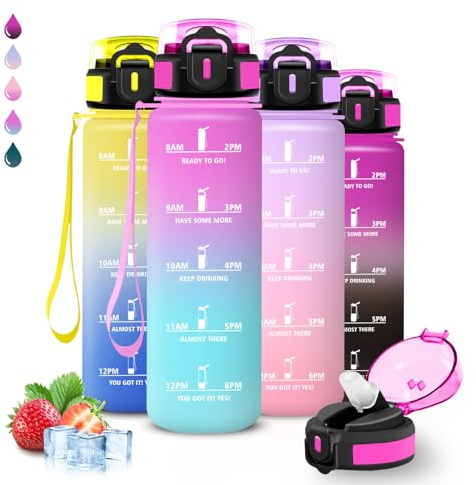 Borraccia 1 litro, Borraccia con Cannuccia, Senza Perdite, Water Bottle Motivazionale, Facile da Pulire, Bottiglia con Orari per Bere, Bottiglie Acqua Con Slogan Motivazionale, per Ciclismo, Campeggio