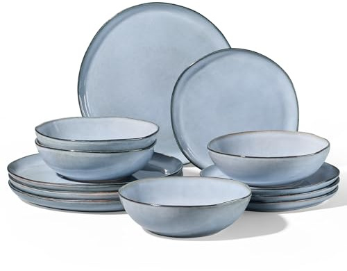 Homikit 12-Piece Dinner Set, Reactive Glaze Stoneware Dinnerware for 4 People, Irregular Shape Plates and Bowls, Non-Toxic & Scratch Resistant, Microwave and Dishwasher Safe - Pearl Blue