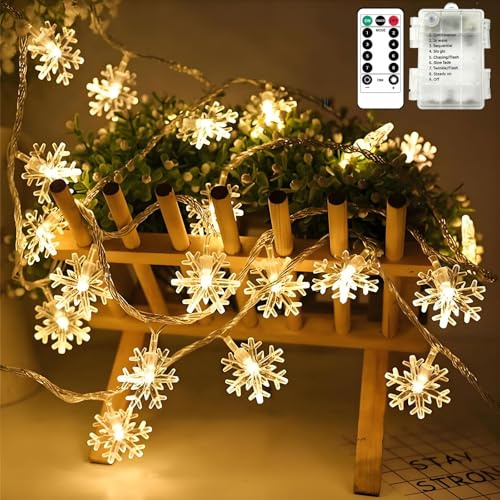 BG9D Schneeflocke Lichterkette 7,5m 50 LED,Warmweiß,Batteriebetrieben mit Fernbedienung & 8 Modi,Wasserdichte Weihnachtslichterkette für Innen & Außen,Deko für Baum,Balkon,Fenster & Party
