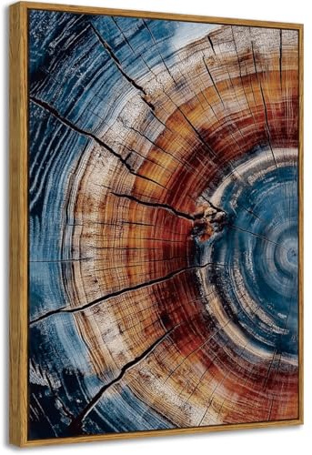 BingruiArt Framed Tree Ring Wall Art Blue and Red Boho Wall Decor Nature Print Wood Canvas Rustic Artwork Abstract Painting Modern Picture for Living Room Bedroom Bathroom 12x16 Natural Framed(01)